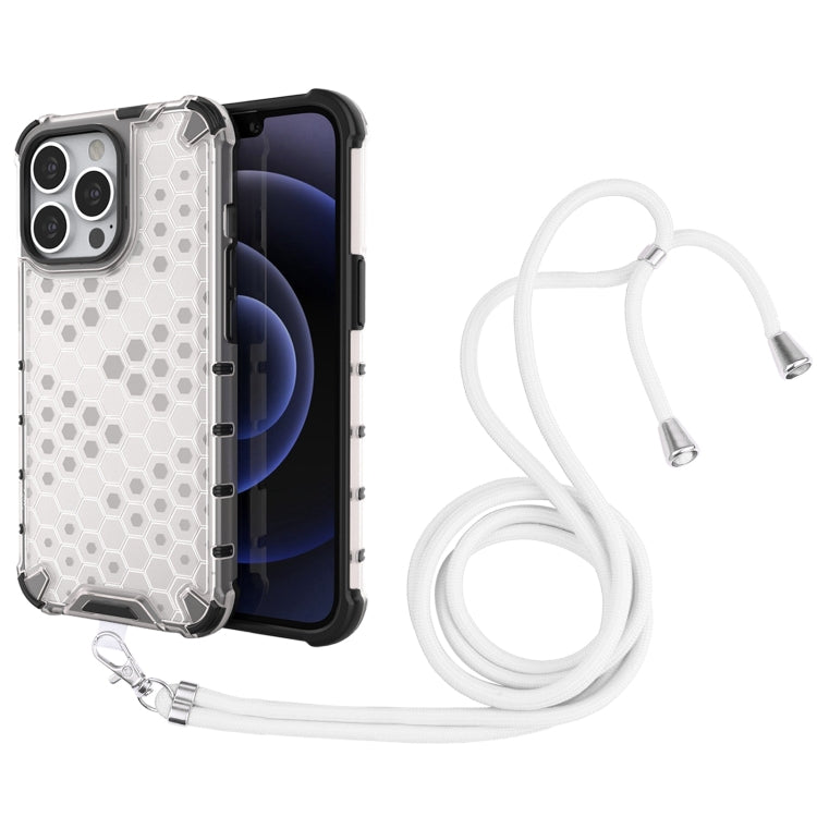 For iPhone 13 Pro Shockproof Honeycomb PC + TPU Case with Neck Lanyard