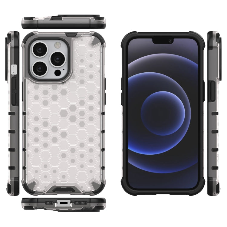 For iPhone 13 Pro Shockproof Honeycomb PC + TPU Case with Neck Lanyard