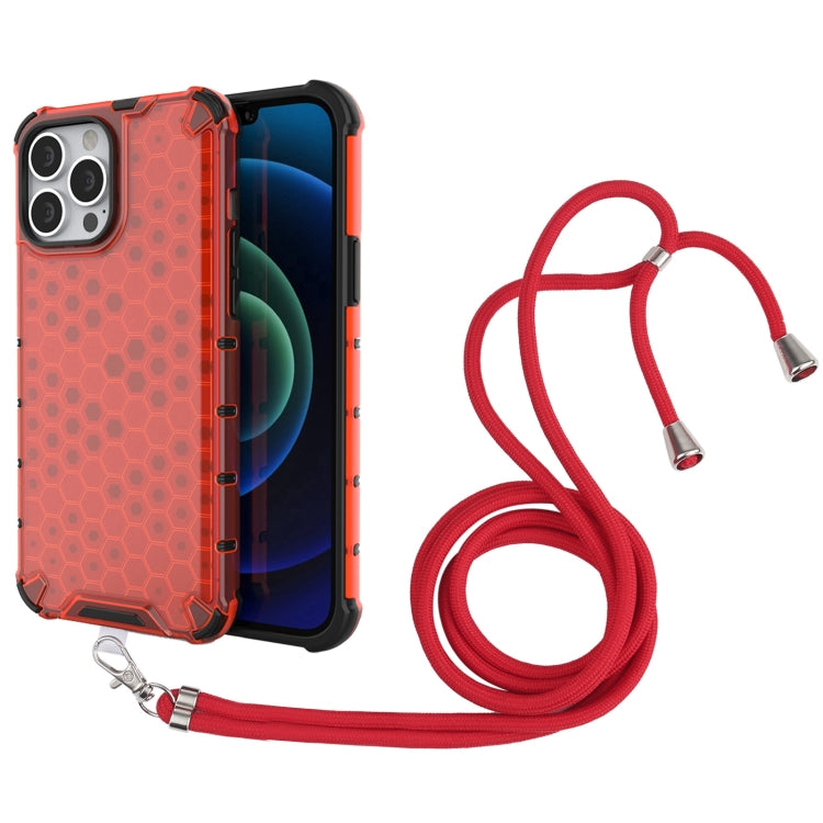 For iPhone 13 Pro Max Shockproof Honeycomb PC + TPU Case with Neck Lanyard