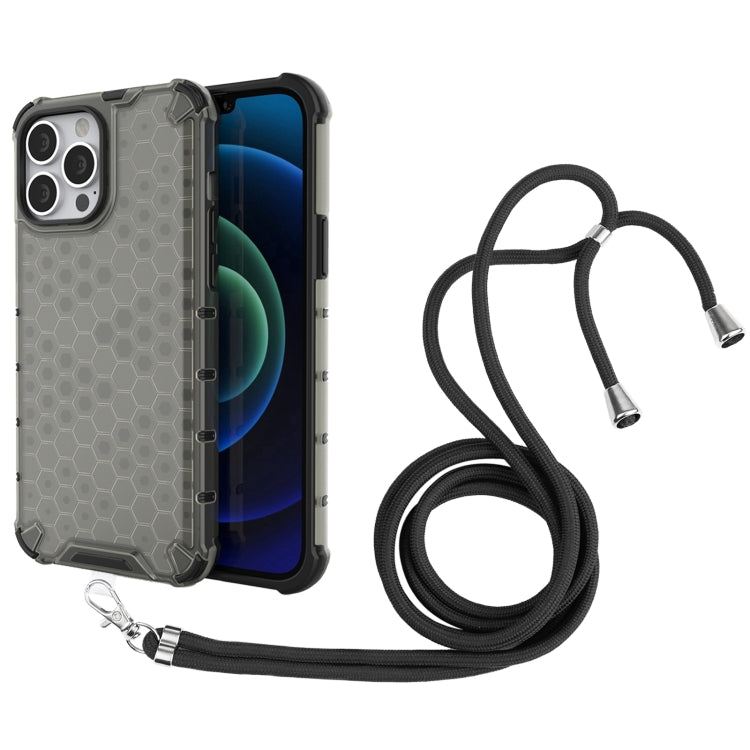 For iPhone 13 Pro Max Shockproof Honeycomb PC + TPU Case with Neck Lanyard