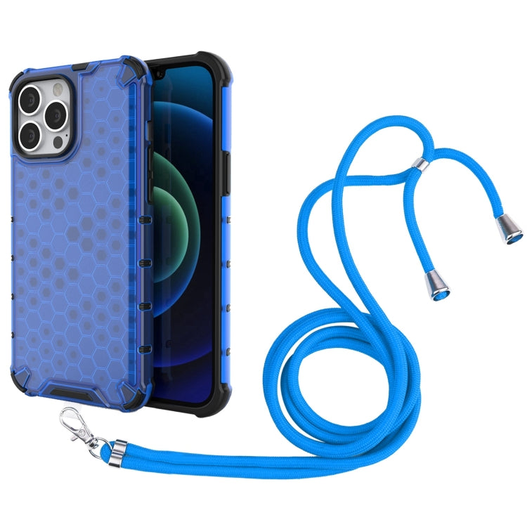 For iPhone 13 Pro Max Shockproof Honeycomb PC + TPU Case with Neck Lanyard