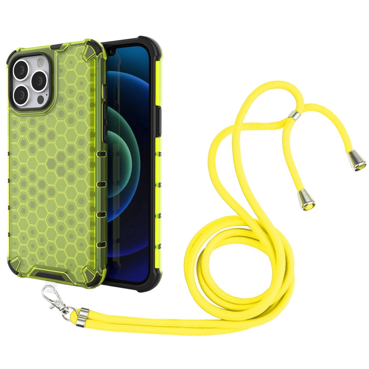 For iPhone 13 Pro Max Shockproof Honeycomb PC + TPU Case with Neck Lanyard