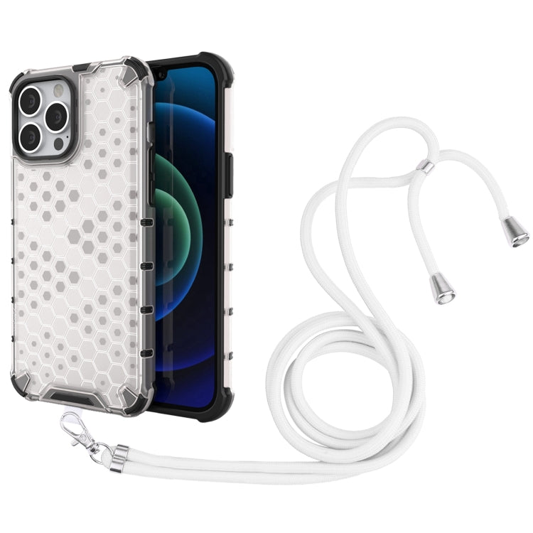 For iPhone 13 Pro Max Shockproof Honeycomb PC + TPU Case with Neck Lanyard
