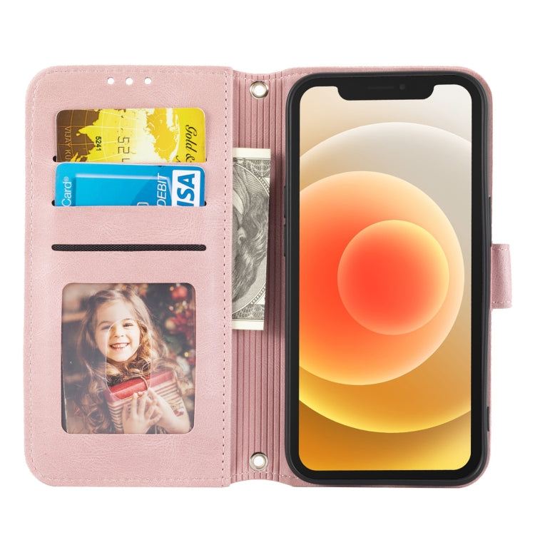 For iPhone 13 Embossed Striped Magnetic Buckle PU + TPU Horizontal Flip Leather Case with Holder & Card Slot & Wallet & Photo Frame & Sling mini