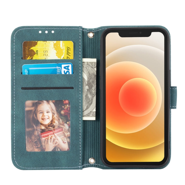 For iPhone 13 Embossed Striped Magnetic Buckle PU + TPU Horizontal Flip Leather Case with Holder & Card Slot & Wallet & Photo Frame & Sling mini