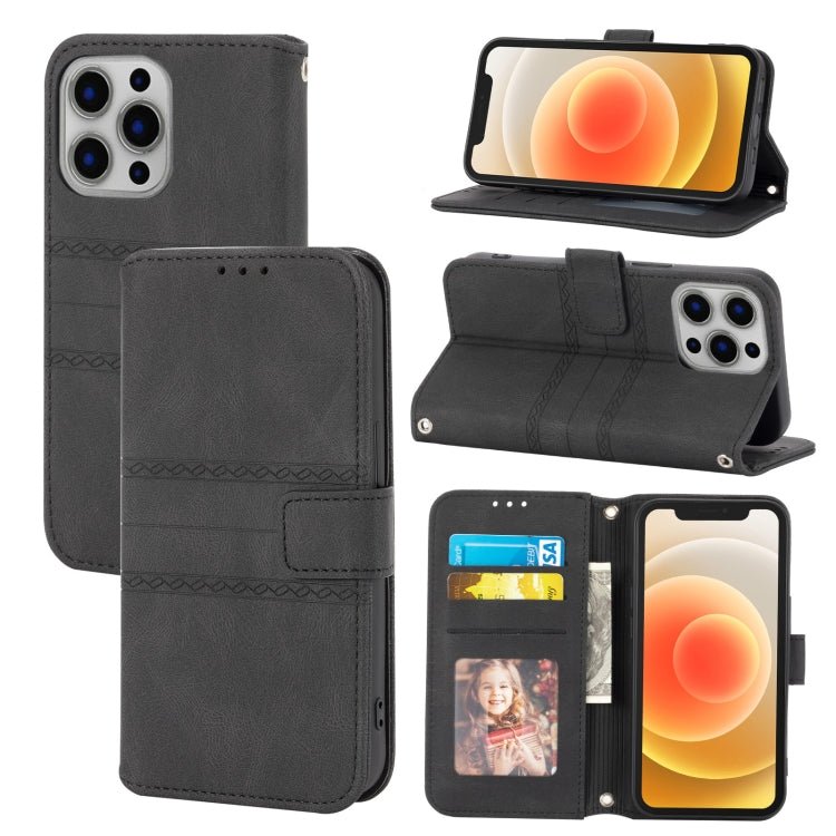 For iPhone 13 Embossed Striped Magnetic Buckle PU + TPU Horizontal Flip Leather Case with Holder & Card Slot & Wallet & Photo Frame & Sling mini