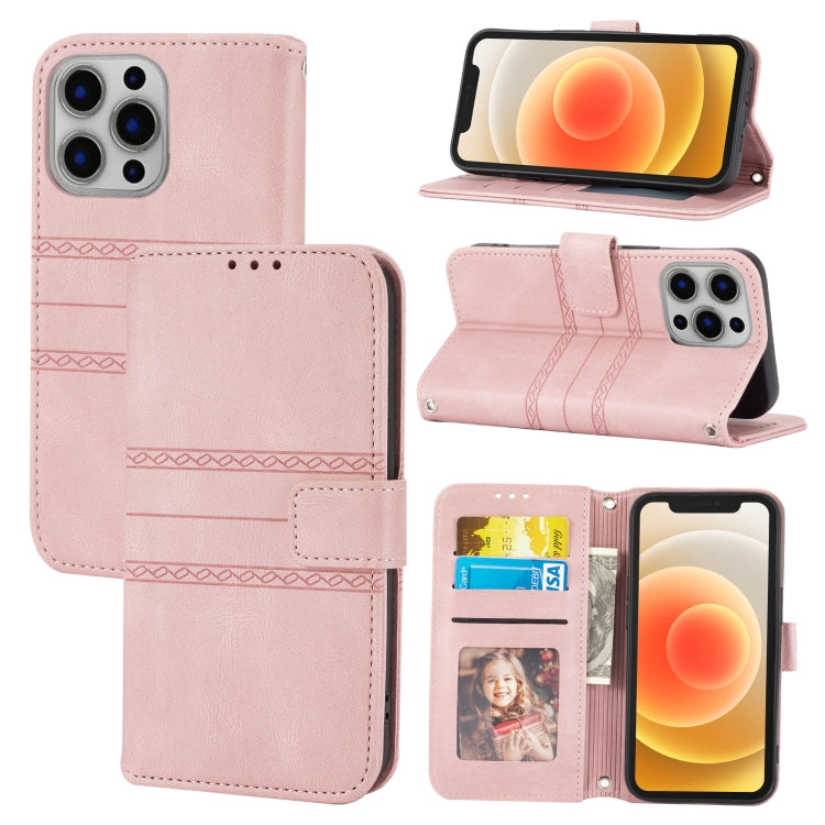 For iPhone 13 Pro Embossed Striped Magnetic Buckle PU + TPU Horizontal Flip Leather Case with Holder & Card Slot & Wallet & Photo Frame & Sling