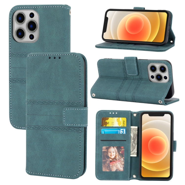 For iPhone 13 Pro Embossed Striped Magnetic Buckle PU + TPU Horizontal Flip Leather Case with Holder & Card Slot & Wallet & Photo Frame & Sling