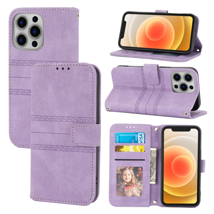 For iPhone 13 Pro Embossed Striped Magnetic Buckle PU + TPU Horizontal Flip Leather Case with Holder & Card Slot & Wallet & Photo Frame & Sling