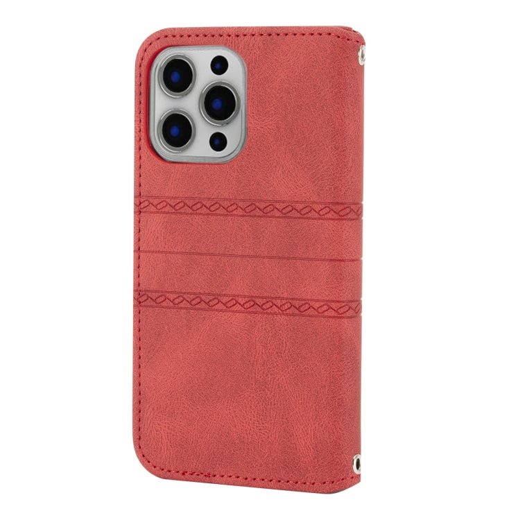 For iPhone 13 Pro Max Embossed Striped Magnetic Buckle PU + TPU Horizontal Flip Leather Case with Holder & Card Slot & Wallet & Photo Frame & Sling