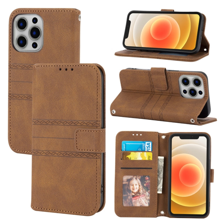 For iPhone 13 Pro Max Embossed Striped Magnetic Buckle PU + TPU Horizontal Flip Leather Case with Holder & Card Slot & Wallet & Photo Frame & Sling