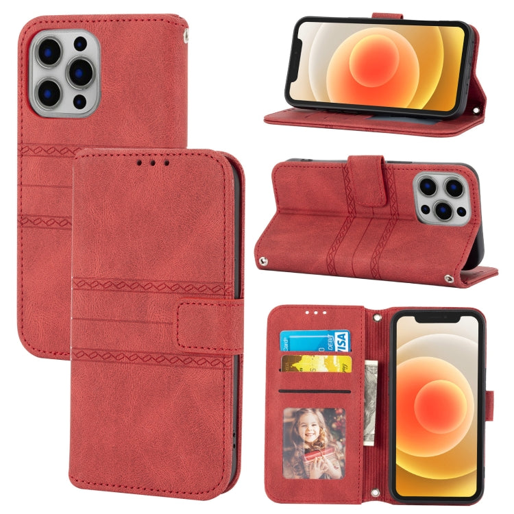 For iPhone 12 Pro Max Embossed Striped Magnetic Buckle PU + TPU Horizontal Flip Leather Case with Holder & Card Slot & Wallet & Photo Frame & Sling