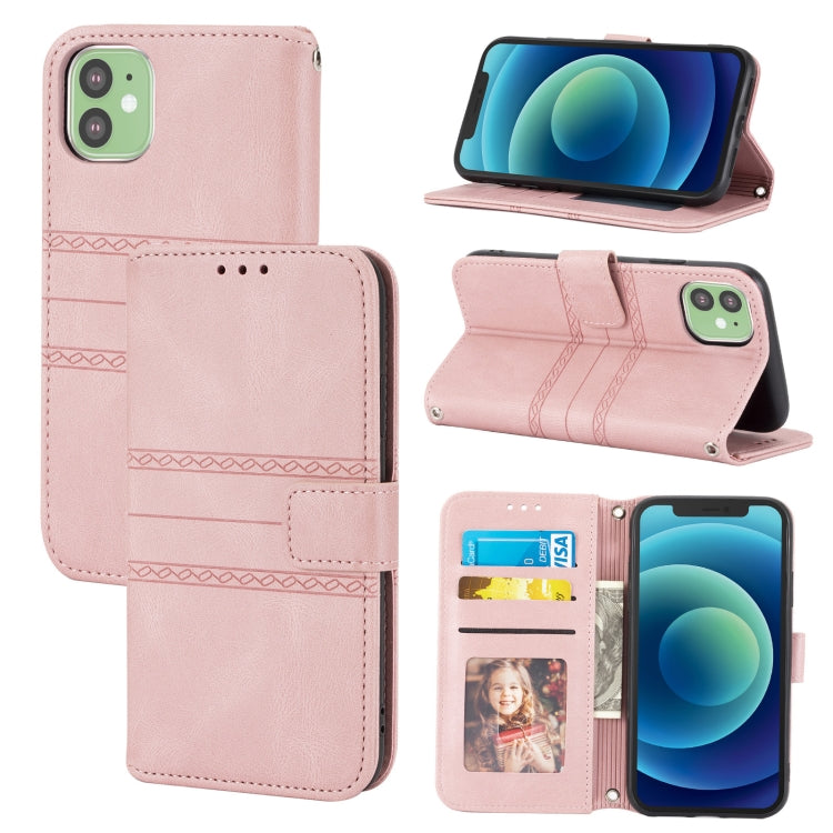 For iPhone 11 Embossed Striped Magnetic Buckle PU + TPU Horizontal Flip Leather Case with Holder & Card Slot & Wallet & Photo Frame & Sling