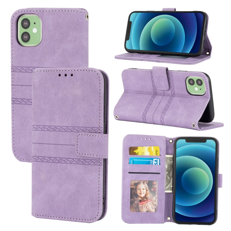 For iPhone 11 Embossed Striped Magnetic Buckle PU + TPU Horizontal Flip Leather Case with Holder & Card Slot & Wallet & Photo Frame & Sling