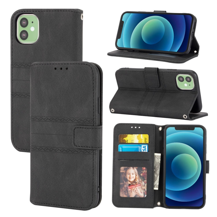 For iPhone 11 Embossed Striped Magnetic Buckle PU + TPU Horizontal Flip Leather Case with Holder & Card Slot & Wallet & Photo Frame & Sling