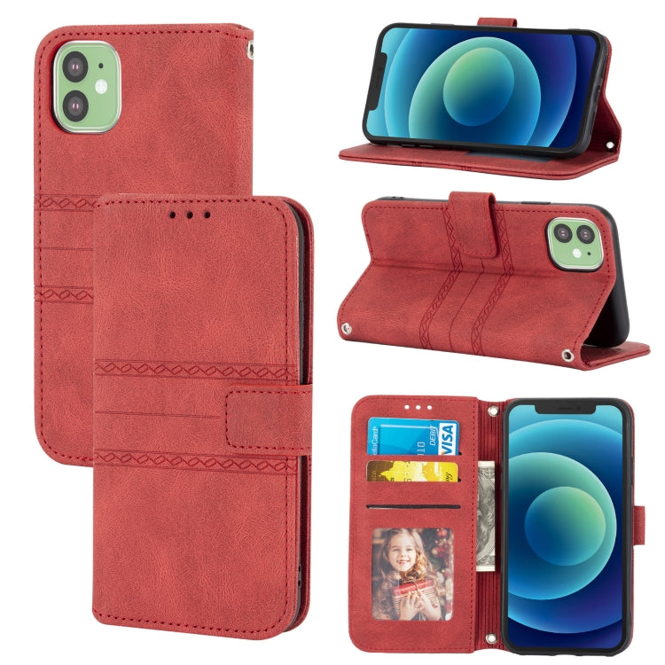 For iPhone 11 Pro Embossed Striped Magnetic Buckle PU + TPU Horizontal Flip Leather Casewith Holder & Card Slot & Wallet & Photo Frame & Sling