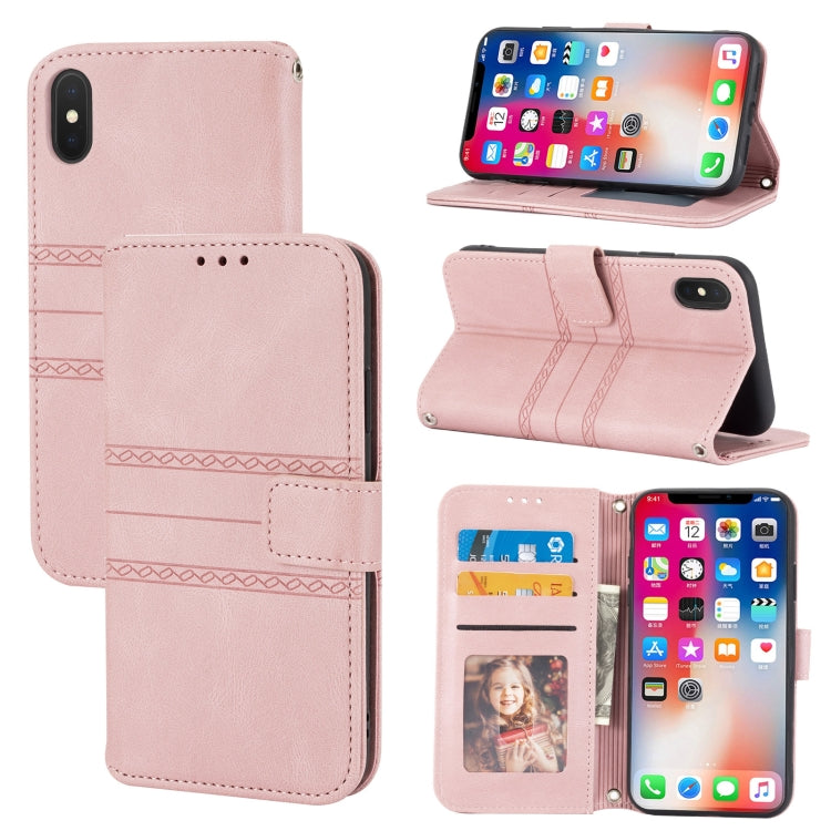 For iPhone X / XS Embossed Striped Magnetic Buckle PU + TPU Horizontal Flip Leather Case with Holder & Card Slot & Wallet & Photo Frame & Sling