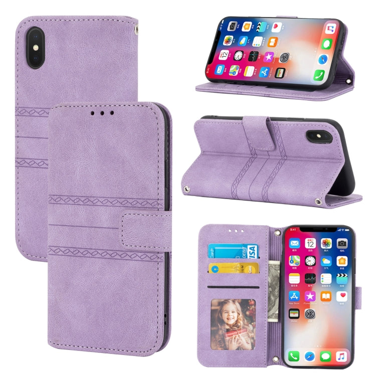 For iPhone X / XS Embossed Striped Magnetic Buckle PU + TPU Horizontal Flip Leather Case with Holder & Card Slot & Wallet & Photo Frame & Sling