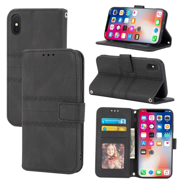 For iPhone X / XS Embossed Striped Magnetic Buckle PU + TPU Horizontal Flip Leather Case with Holder & Card Slot & Wallet & Photo Frame & Sling
