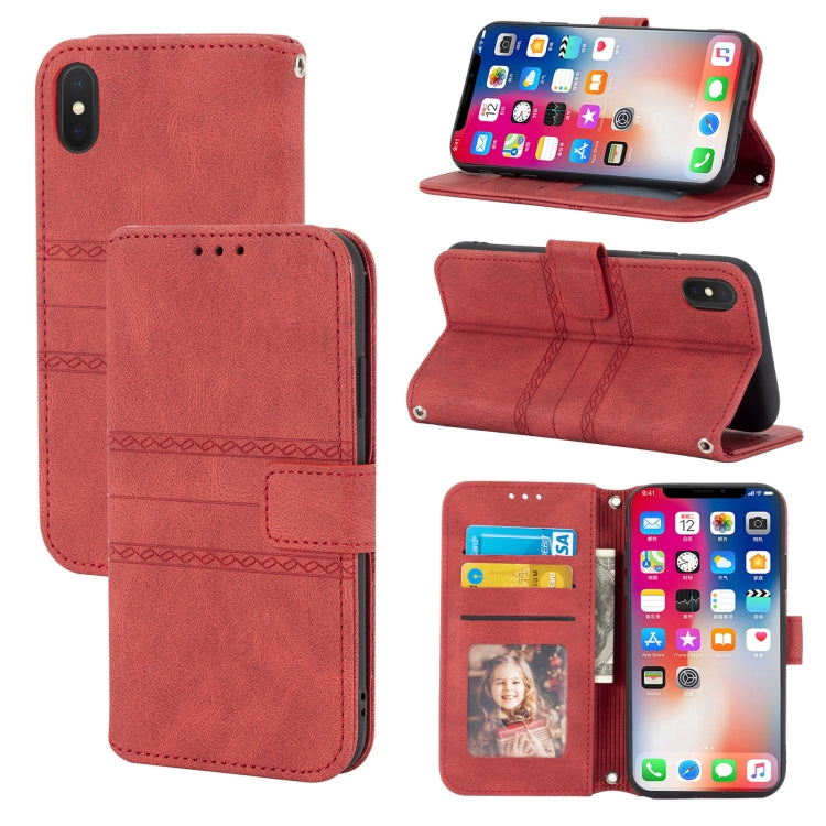 For iPhone XS Max Embossed Striped Magnetic Buckle PU + TPU Horizontal Flip Leather Case with Holder & Card Slot & Wallet & Photo Frame & Sling
