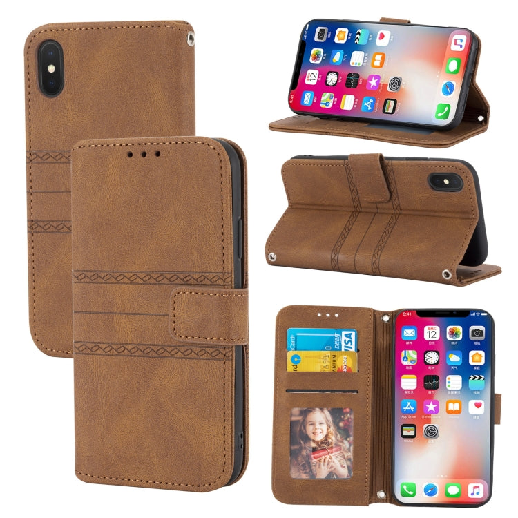 For iPhone XS Max Embossed Striped Magnetic Buckle PU + TPU Horizontal Flip Leather Case with Holder & Card Slot & Wallet & Photo Frame & Sling