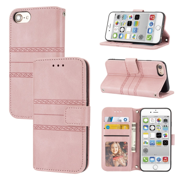 For iPhone 8 / 7 / 6 Embossed Striped Magnetic Buckle Horizontal Flip Leather Case with Holder & Card Slot & Wallet & Photo Frame & Sling