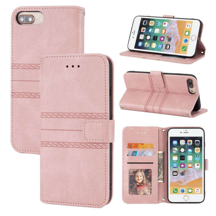 Embossed Striped Magnetic Buckle PU + TPU Horizontal Flip Leather Case with Holder & Card Slot & Wallet & Photo Frame & Sling For iPhone 8 Plus / 7 Plus / 6 Plus