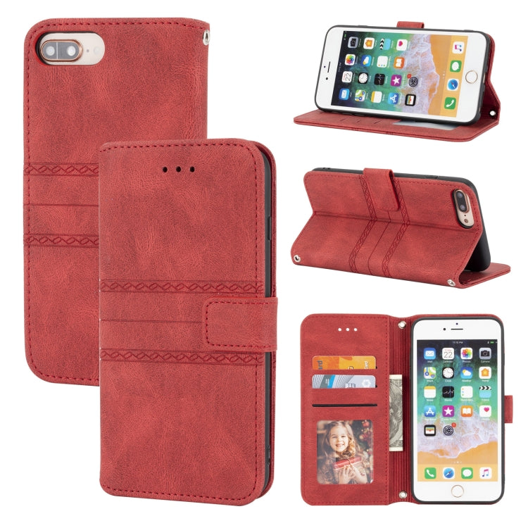 Embossed Striped Magnetic Buckle PU + TPU Horizontal Flip Leather Case with Holder & Card Slot & Wallet & Photo Frame & Sling For iPhone 8 Plus / 7 Plus / 6 Plus