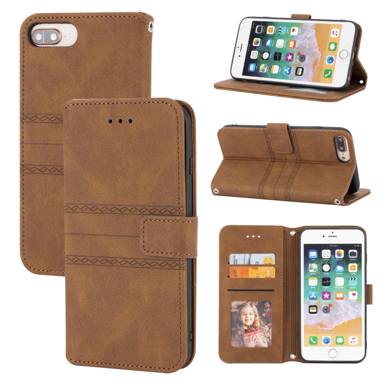 Embossed Striped Magnetic Buckle PU + TPU Horizontal Flip Leather Case with Holder & Card Slot & Wallet & Photo Frame & Sling For iPhone 8 Plus / 7 Plus / 6 Plus