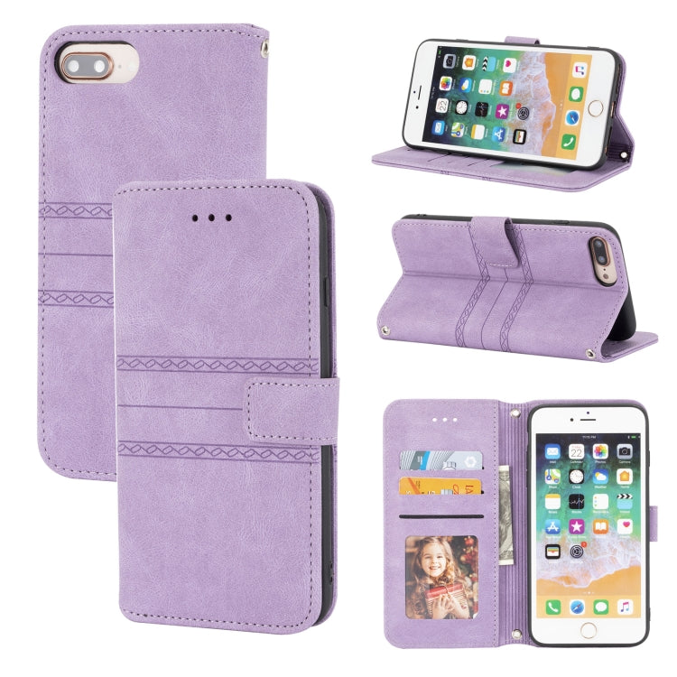Embossed Striped Magnetic Buckle PU + TPU Horizontal Flip Leather Case with Holder & Card Slot & Wallet & Photo Frame & Sling For iPhone 8 Plus / 7 Plus / 6 Plus