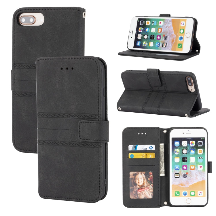 Embossed Striped Magnetic Buckle PU + TPU Horizontal Flip Leather Case with Holder & Card Slot & Wallet & Photo Frame & Sling For iPhone 8 Plus / 7 Plus / 6 Plus