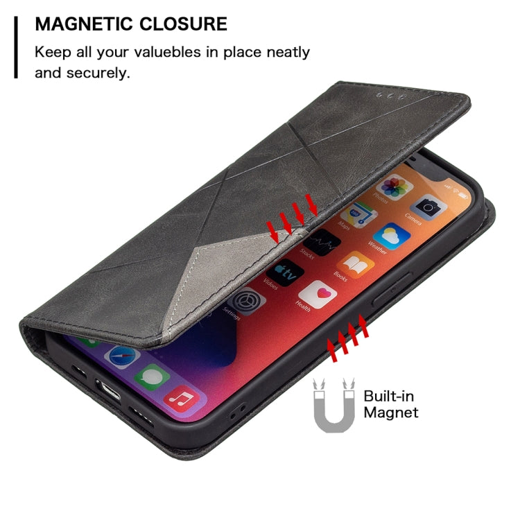 For iPhone 13 Rhombus Texture Horizontal Flip Magnetic Leather Case with Holder & Card Slots