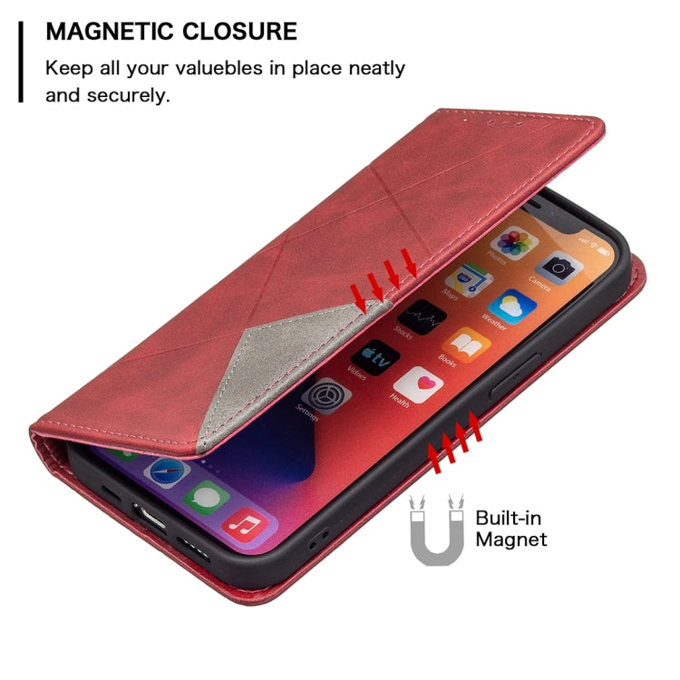 For iPhone 13 Pro Max Rhombus Texture Horizontal Flip Magnetic Leather Case with Holder & Card Slots