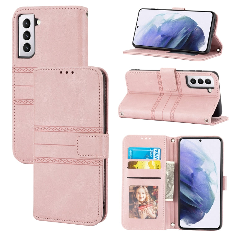 For Samsung Galaxy S21 5G Embossed Striped Magnetic Buckle PU + TPU Horizontal Flip Leather Case with Holder & Card Slot & Wallet & Photo Frame & Sling