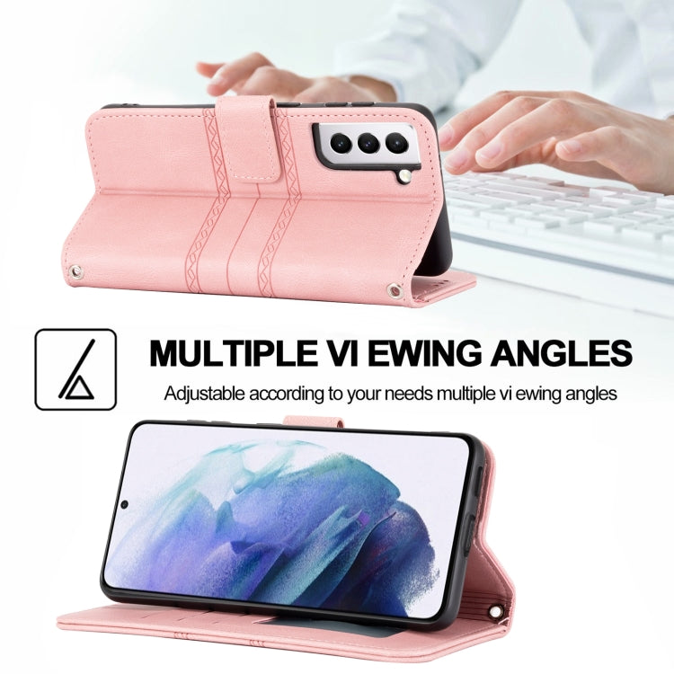 For Samsung Galaxy S21 5G Embossed Striped Magnetic Buckle PU + TPU Horizontal Flip Leather Case with Holder & Card Slot & Wallet & Photo Frame & Sling