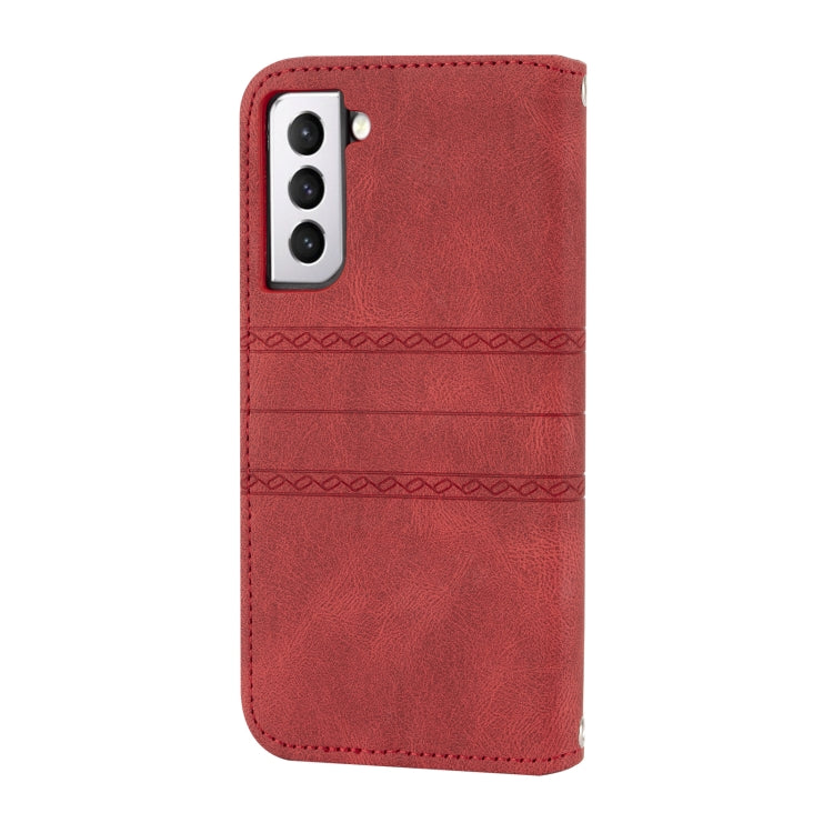 For Samsung Galaxy S21 5G Embossed Striped Magnetic Buckle PU + TPU Horizontal Flip Leather Case with Holder & Card Slot & Wallet & Photo Frame & Sling