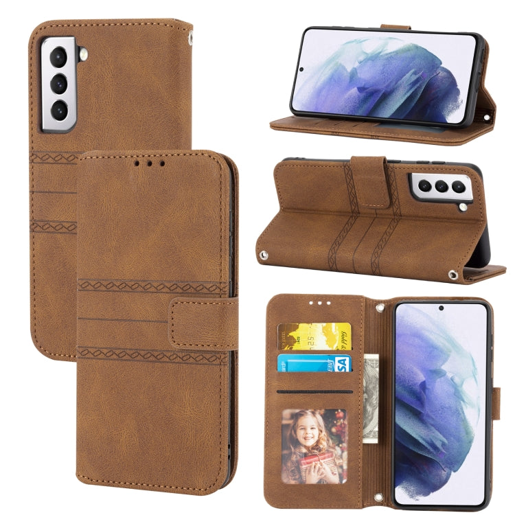 For Samsung Galaxy S21 5G Embossed Striped Magnetic Buckle PU + TPU Horizontal Flip Leather Case with Holder & Card Slot & Wallet & Photo Frame & Sling