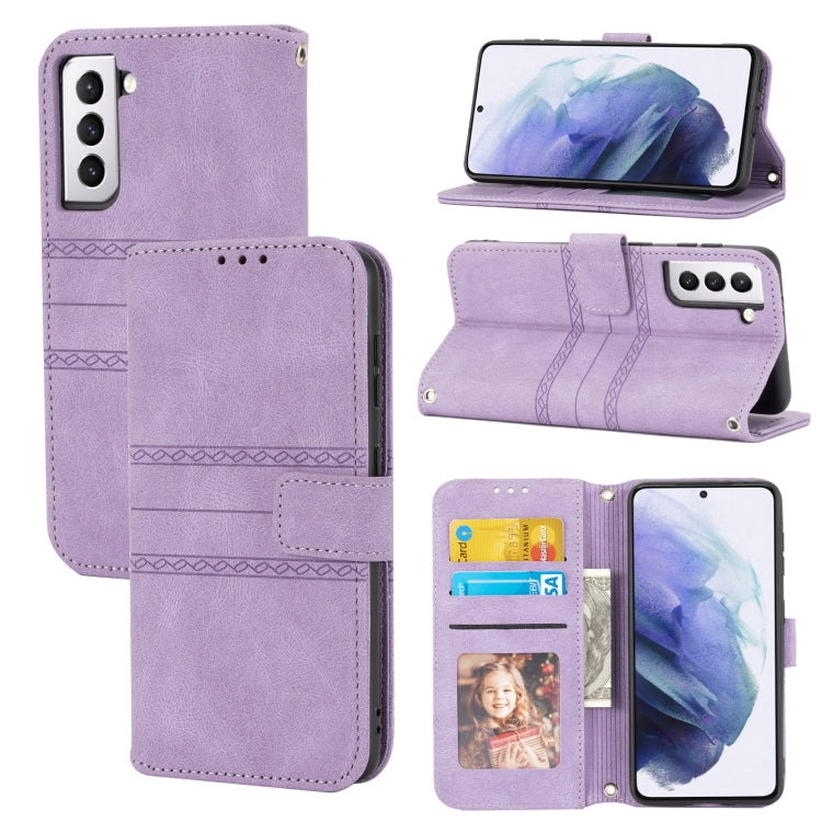 For Samsung Galaxy S21 5G Embossed Striped Magnetic Buckle PU + TPU Horizontal Flip Leather Case with Holder & Card Slot & Wallet & Photo Frame & Sling