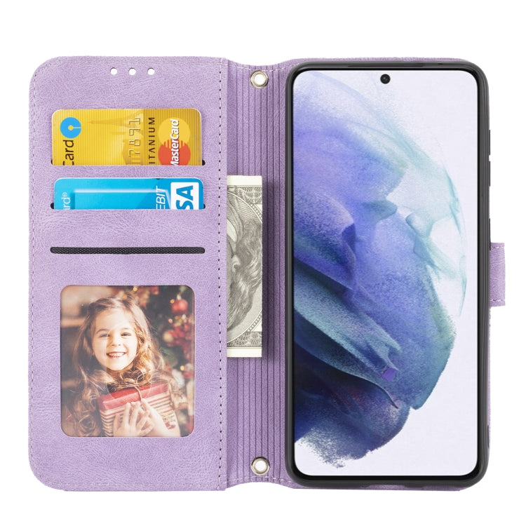 For Samsung Galaxy S21 5G Embossed Striped Magnetic Buckle PU + TPU Horizontal Flip Leather Case with Holder & Card Slot & Wallet & Photo Frame & Sling