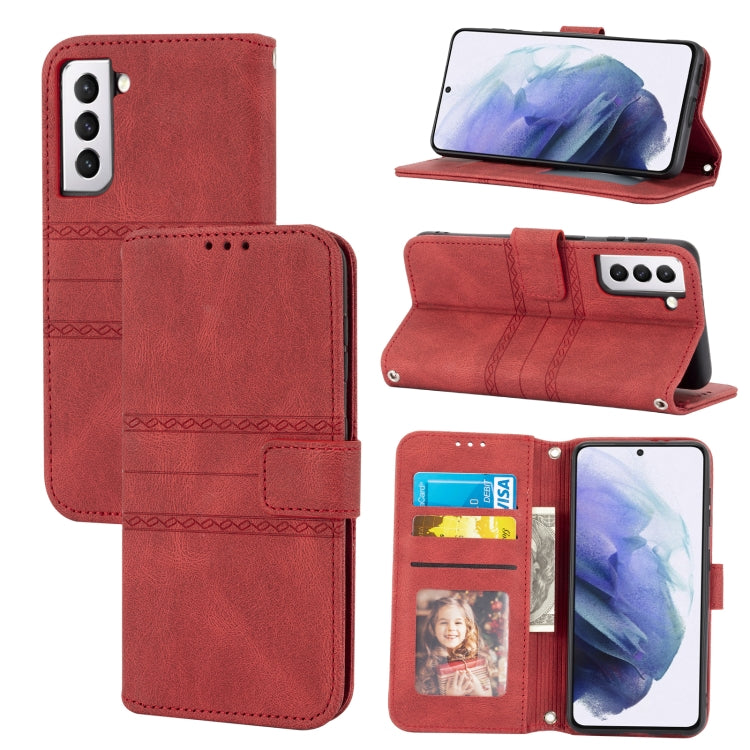 For Samsung Galaxy S21+ 5G Embossed Striped Magnetic Buckle PU + TPU Horizontal Flip Leather Case with Holder & Card Slot & Wallet & Photo Frame & Sling