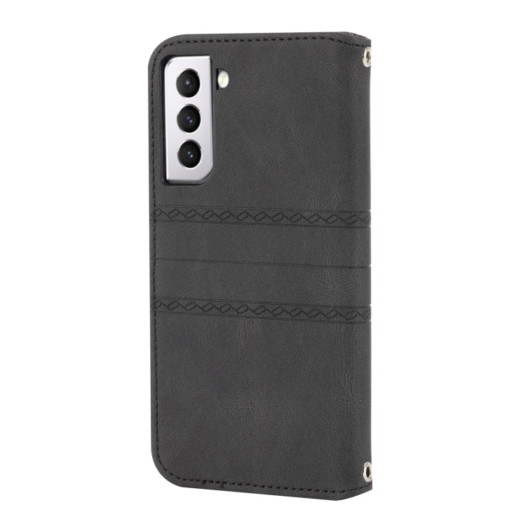 For Samsung Galaxy S21+ 5G Embossed Striped Magnetic Buckle PU + TPU Horizontal Flip Leather Case with Holder & Card Slot & Wallet & Photo Frame & Sling
