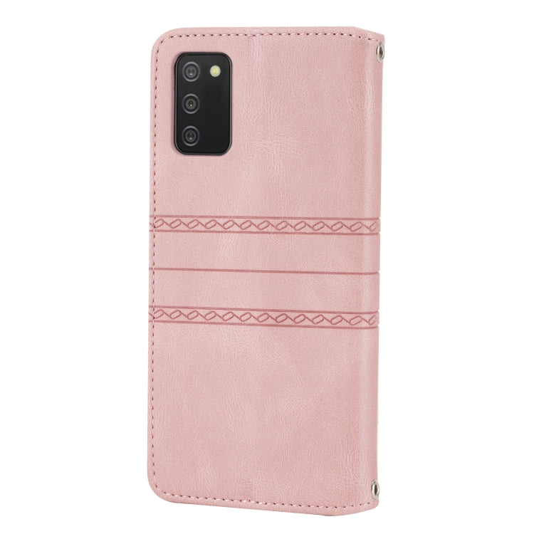 For Samsung Galaxy A02s 164mm Embossed Striped Magnetic Buckle PU + TPU Horizontal Flip Leather Case with Holder & Card Slot & Wallet & Photo Frame & Sling
