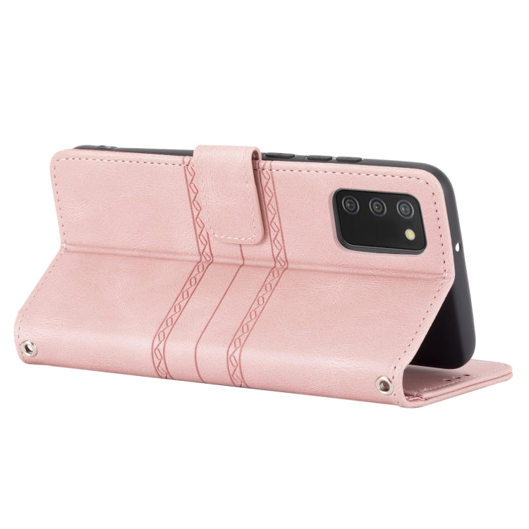For Samsung Galaxy A02s 164mm Embossed Striped Magnetic Buckle PU + TPU Horizontal Flip Leather Case with Holder & Card Slot & Wallet & Photo Frame & Sling