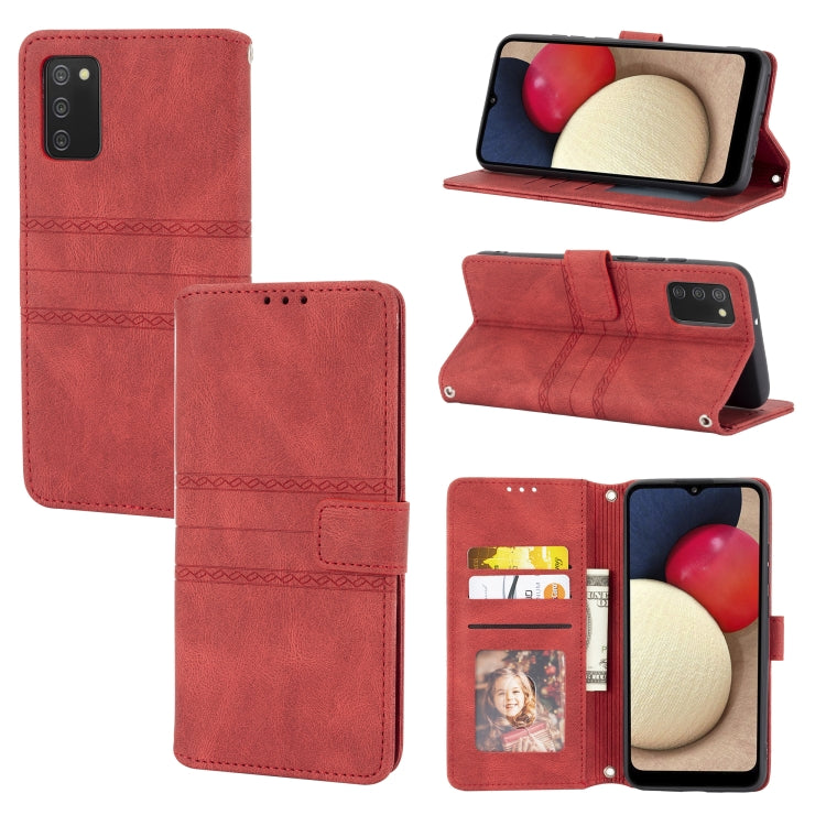 For Samsung Galaxy A02s 164mm Embossed Striped Magnetic Buckle PU + TPU Horizontal Flip Leather Case with Holder & Card Slot & Wallet & Photo Frame & Sling