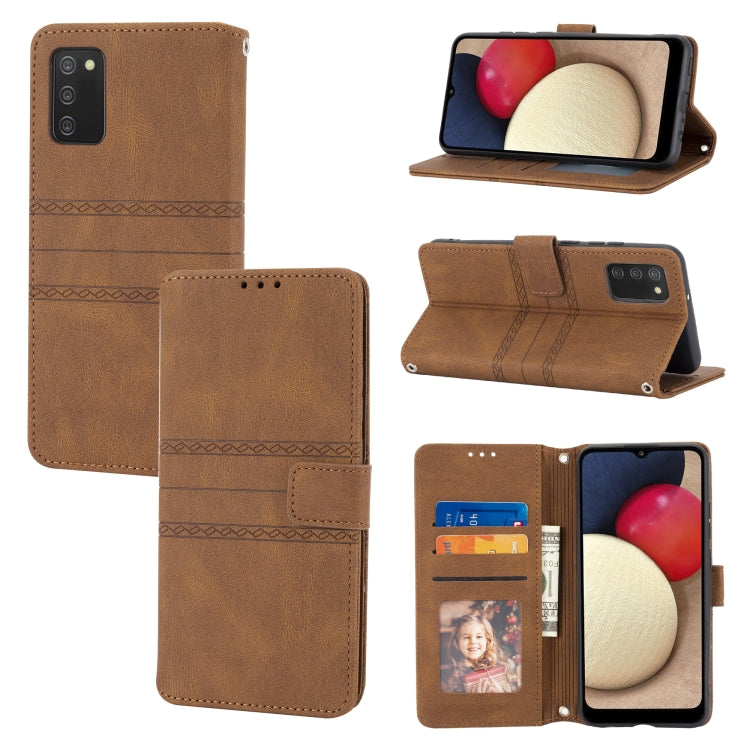 For Samsung Galaxy A02s 164mm Embossed Striped Magnetic Buckle PU + TPU Horizontal Flip Leather Case with Holder & Card Slot & Wallet & Photo Frame & Sling