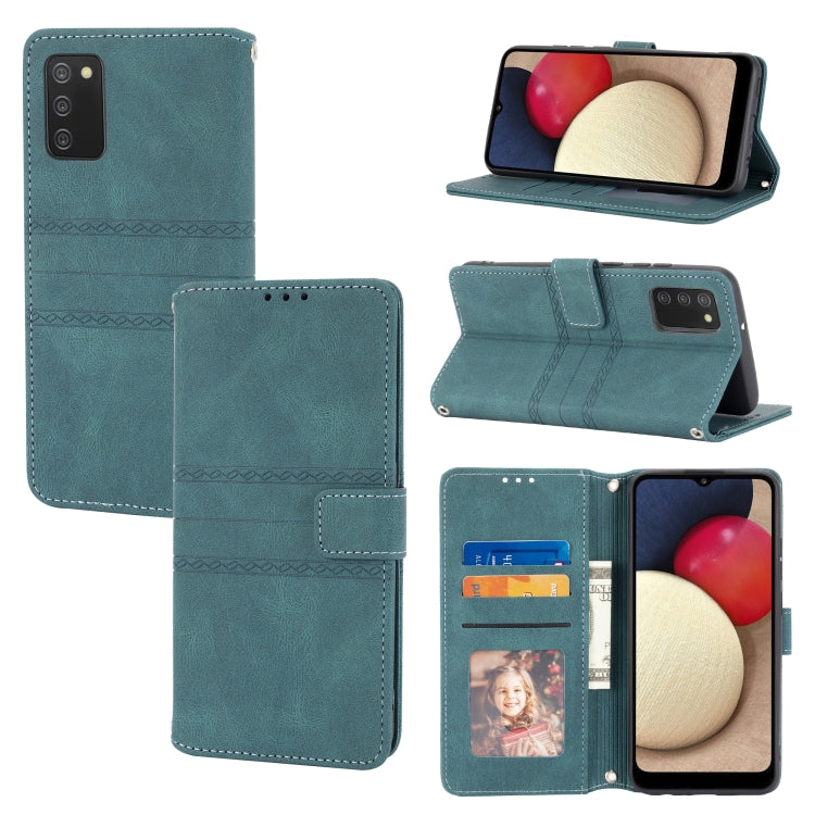 For Samsung Galaxy A02s 164mm Embossed Striped Magnetic Buckle PU + TPU Horizontal Flip Leather Case with Holder & Card Slot & Wallet & Photo Frame & Sling