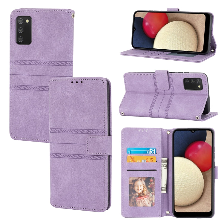 For Samsung Galaxy A02s 164mm Embossed Striped Magnetic Buckle PU + TPU Horizontal Flip Leather Case with Holder & Card Slot & Wallet & Photo Frame & Sling