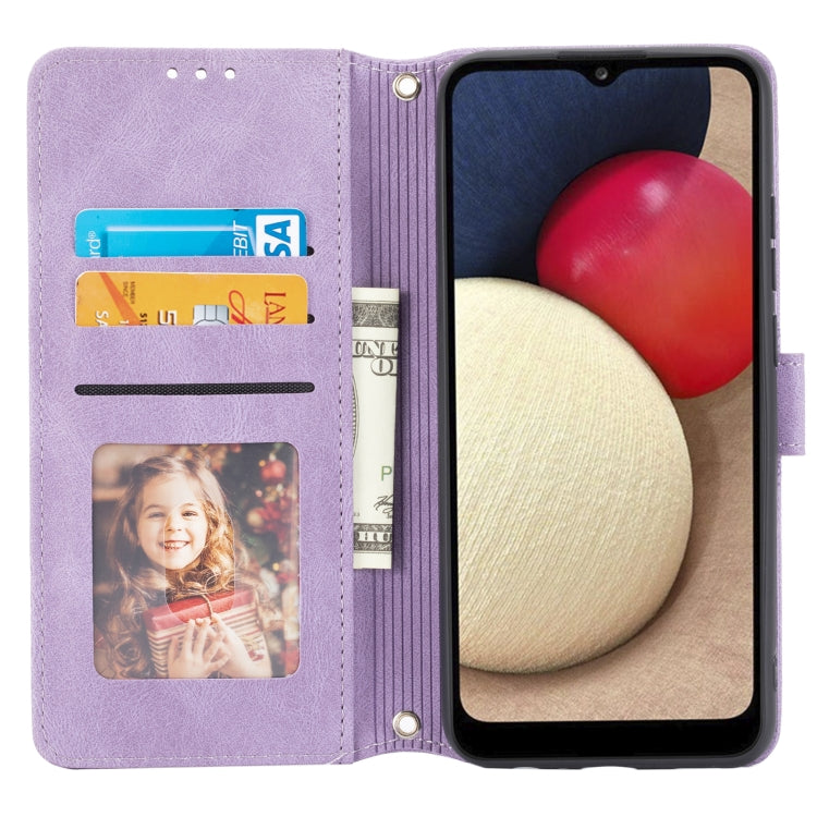 For Samsung Galaxy A02s 164mm Embossed Striped Magnetic Buckle PU + TPU Horizontal Flip Leather Case with Holder & Card Slot & Wallet & Photo Frame & Sling