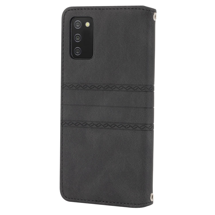 For Samsung Galaxy A03s 164mm Embossed Striped Magnetic Buckle PU + TPU Horizontal Flip Leather Case with Holder & Card Slot & Wallet & Photo Frame & Sling