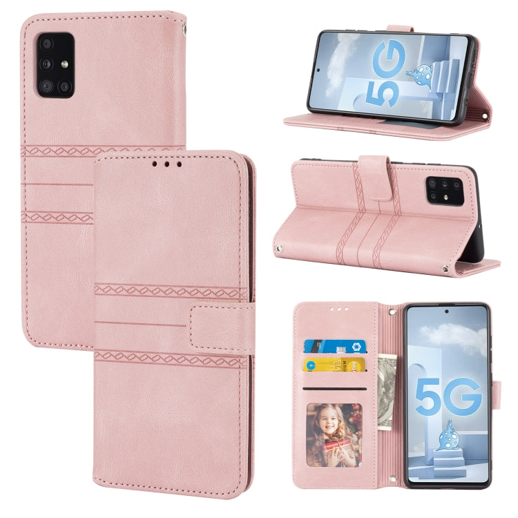 For Samsung Galaxy A71 Embossed Striped Magnetic Buckle PU + TPU Horizontal Flip Leather Case with Holder & Card Slot & Wallet & Photo Frame & Sling